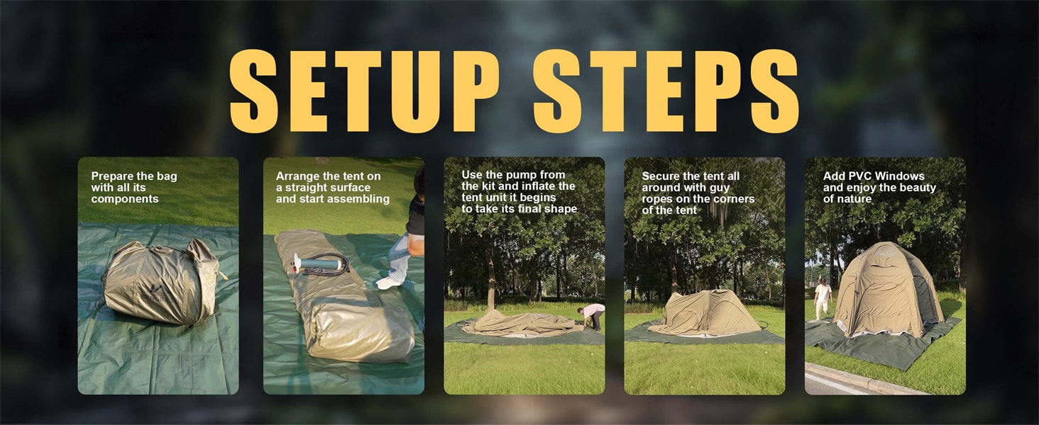 Easy 5-step setup guide for inflating the SENLEETO air column cabin tent.