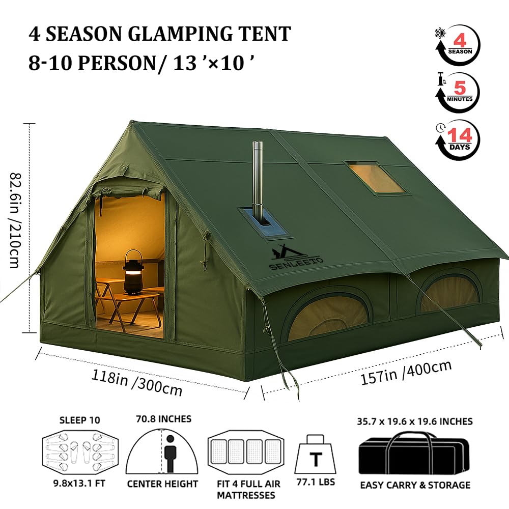 Night view of Senleeto tactical green blow up tent with rainfly. Great 4-season inflatable camping tent for outdoors.