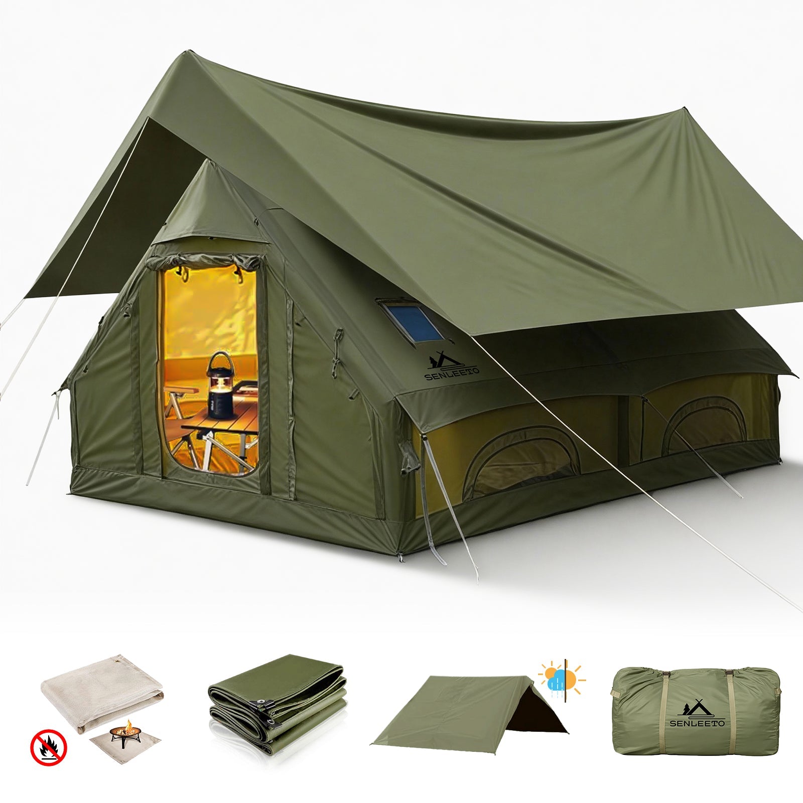 Green Senleeto inflatable cabin tent with front awning and setup kit. Perfect for family glamping in the wilderness.