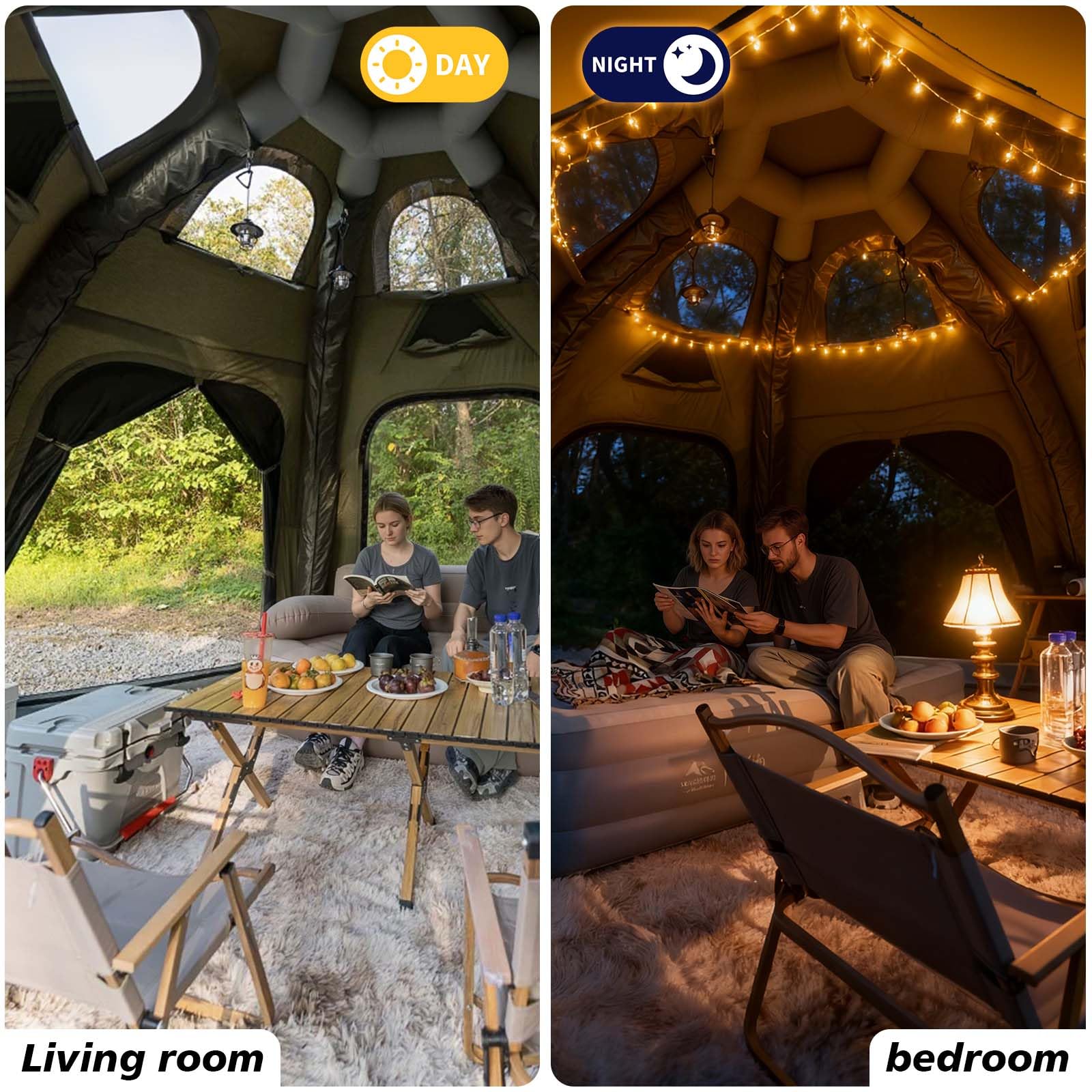Day & night view of Senleeto green dome tent interior: a bright daytime setup and a cozy, lit-up bedroom at night. 