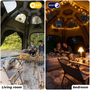 Day & night view of Senleeto green dome tent interior: a bright daytime setup and a cozy, lit-up bedroom at night. 