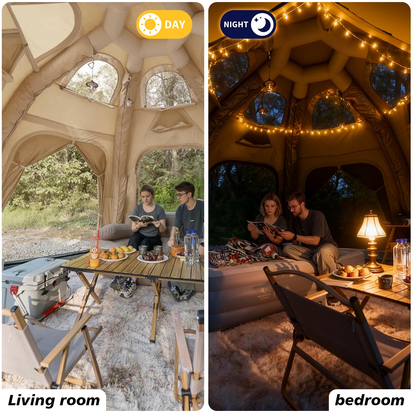 Day & night Senleeto dome tent interior: a bright living room during the day and a cozy, warmly lit bedroom at night. 