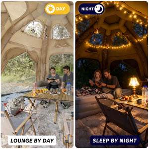 Day & night Senleeto dome tent interior: a bright living room during the day and a cozy, warmly lit bedroom at night. 