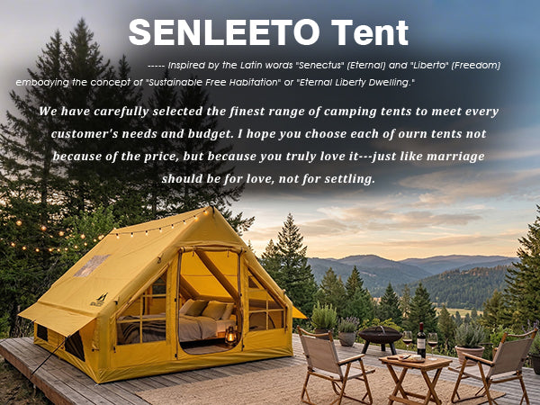 Romantic glamping setup with a Senleeto blow up tent. Premium camping gear designed for love and freedom.