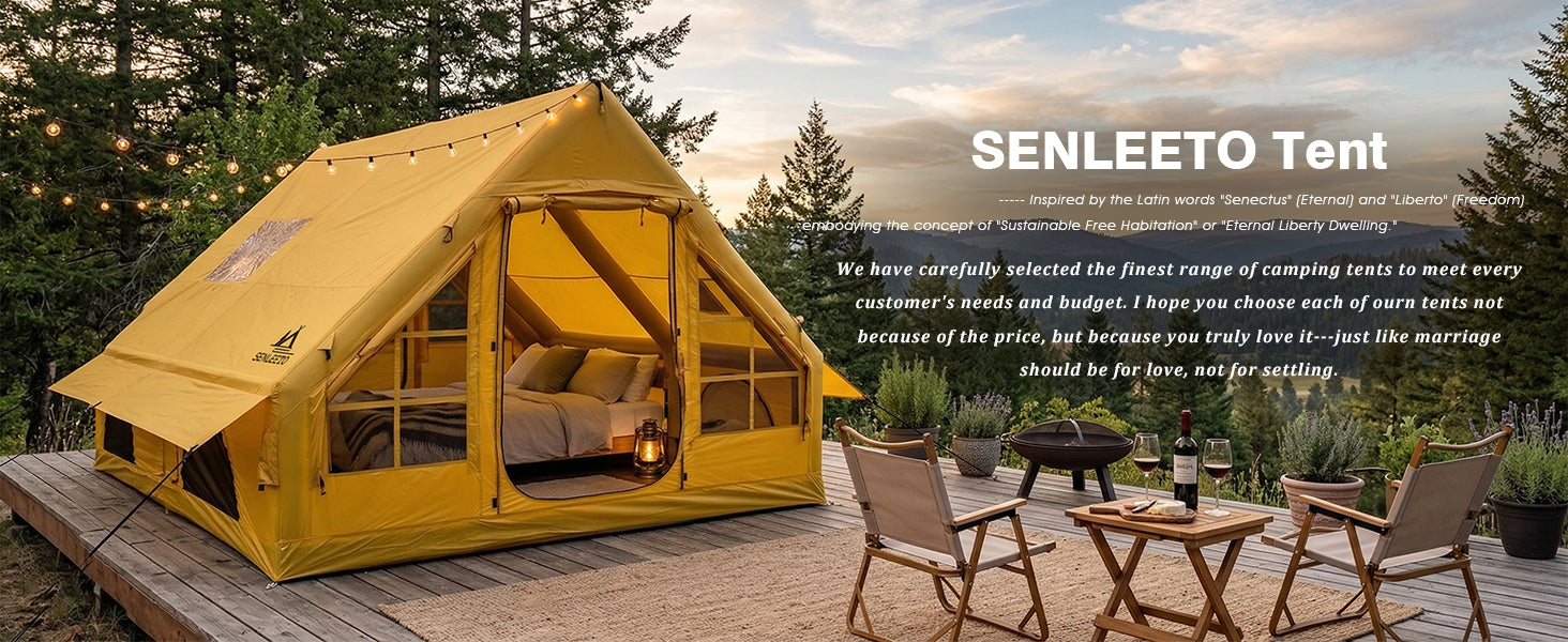 Senleeto inflatable tent on a mountain deck at sunset. Brand story representing sustainable free habitation.