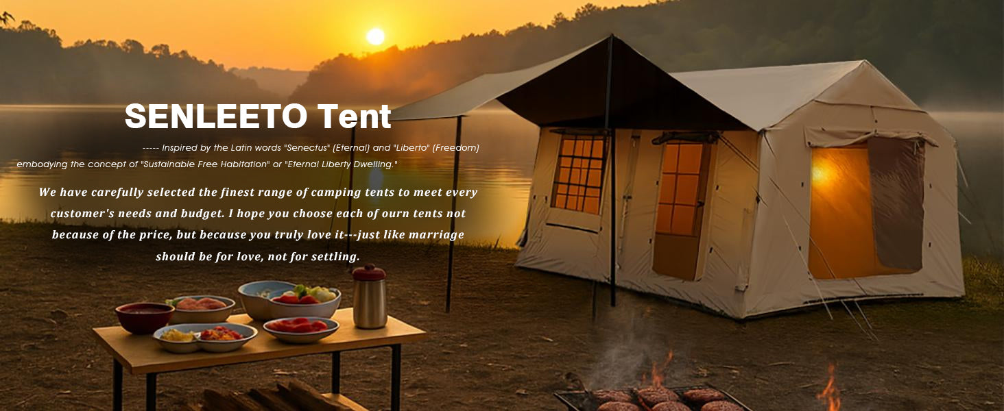 Luxury beige Senleeto inflatable tent by a lake at sunset, with a campfire and brand story text overlay.