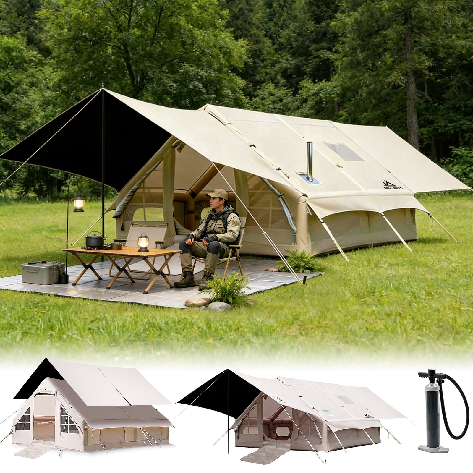 Senleeto 8-10 person inflatable glamping cabin tent. Beige 4-season air tent with full rainfly and stove jack outdoors.