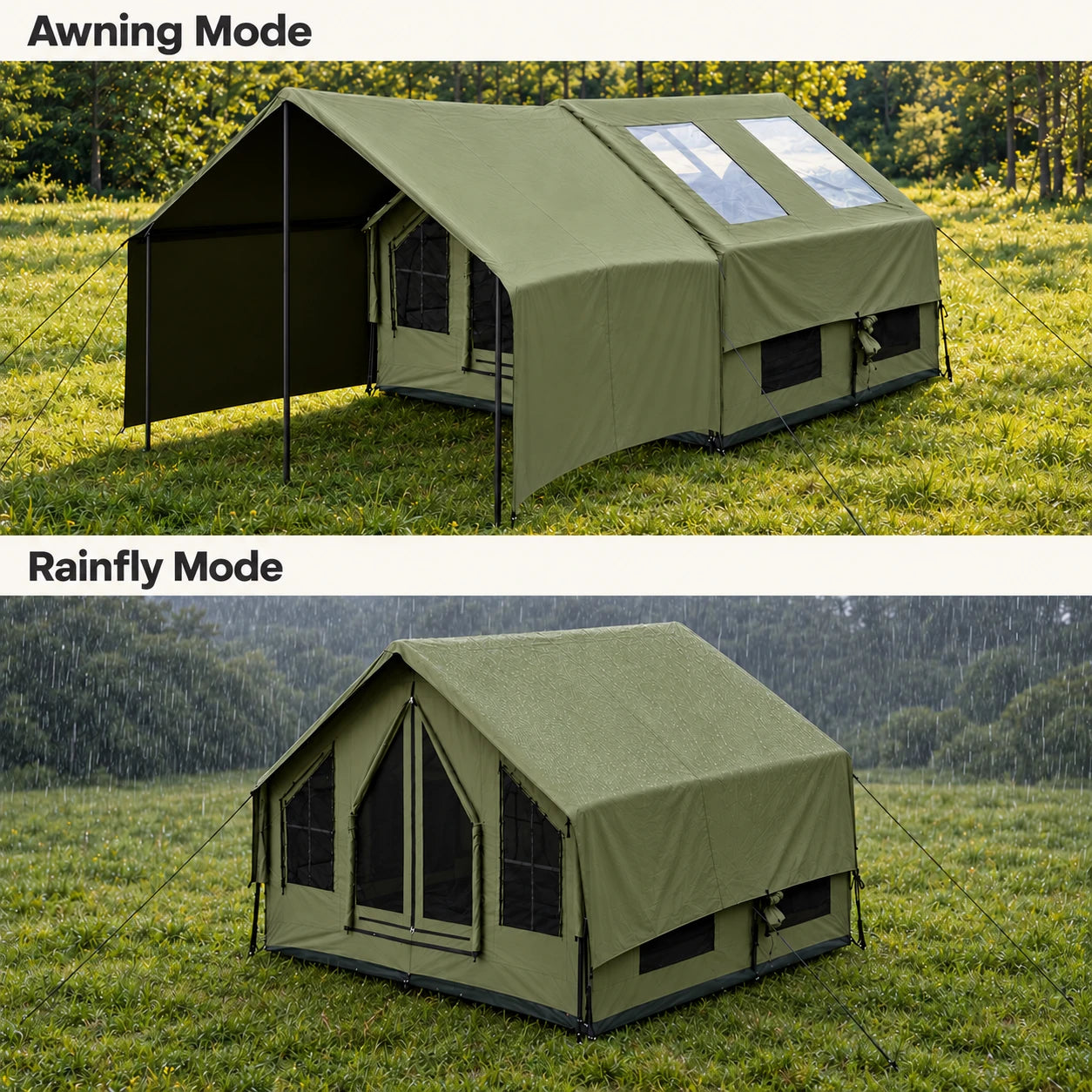 Senleeto olive green inflatable cabin tent showing extended awning mode in sunshine and fitted rainfly mode in rain
