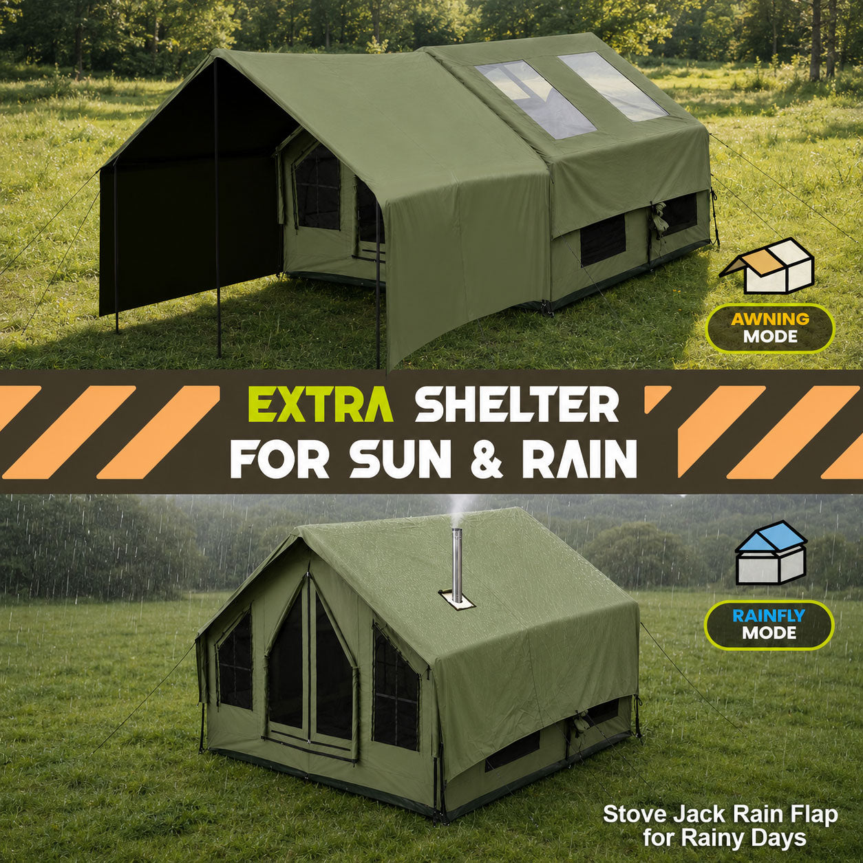 Senleeto green inflatable cabin tent extension canopy in awning mode and rainfly mode with a stove jack rain flap.