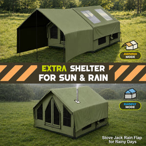 Senleeto green inflatable cabin tent extension canopy in awning mode and rainfly mode with a stove jack rain flap.