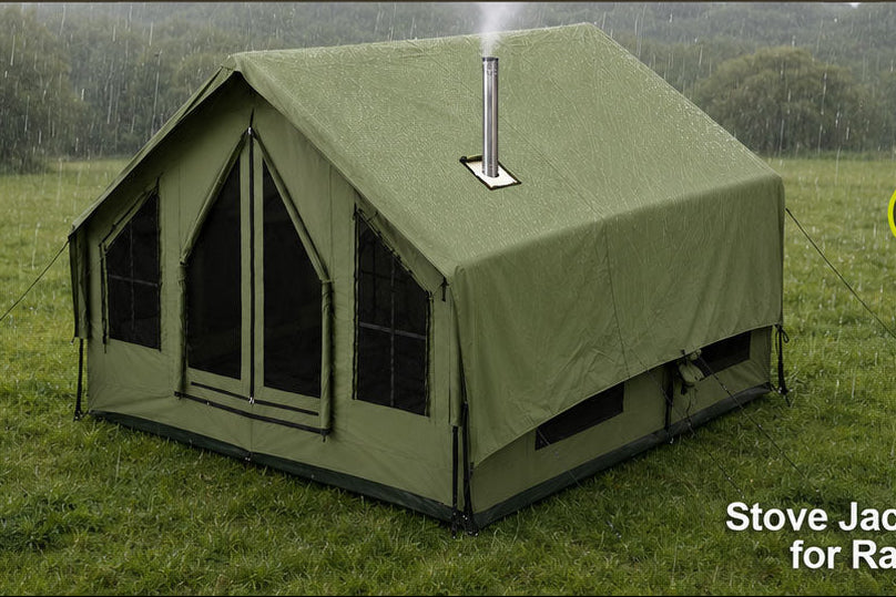Senleeto green inflatable cabin tent extension canopy in awning mode and rainfly mode with a stove jack rain flap.