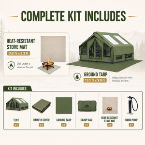 Senleeto green inflatable cabin tent Complete Kit with rainfly, ground tarp, heat-resistant stove mat, carry bag and pump.