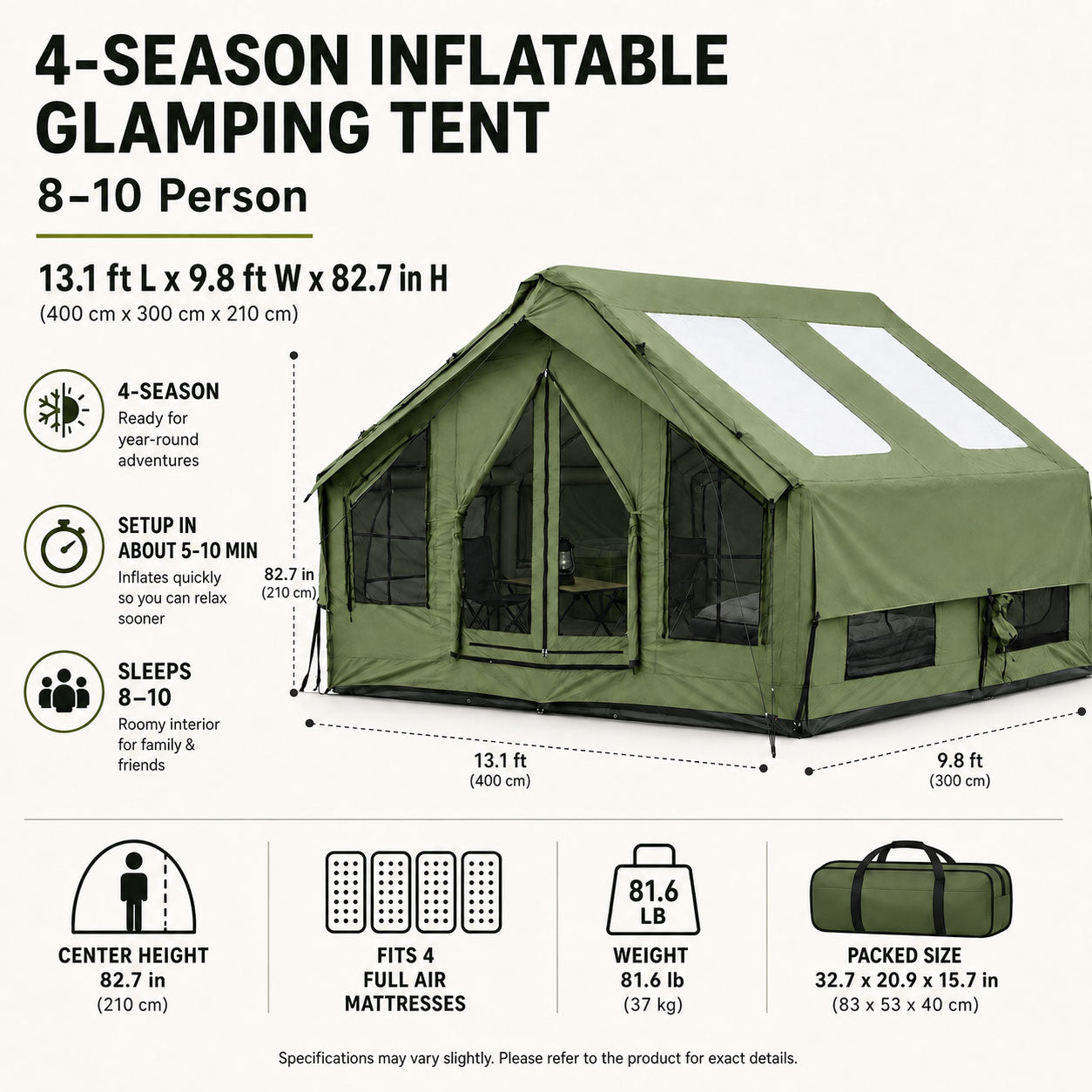 Senleeto green 8-10 person inflatable cabin tent specs: 13.1 x 9.8 ft floor, 82.7 in height and packed-size details.