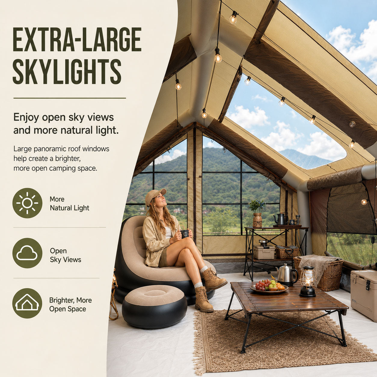 Senleeto green inflatable cabin tent interior with extra-large roof skylights for natural light and open sky views.