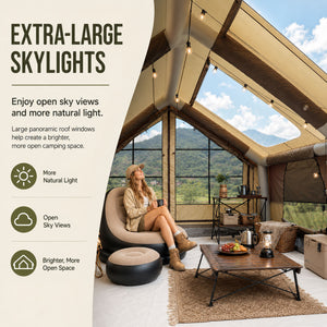 Senleeto green inflatable cabin tent interior with extra-large roof skylights for natural light and open sky views.