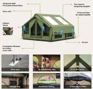 Senleeto green inflatable cabin tent feature overview with 420D Oxford fabric, two skylights, stove jack and AC port.