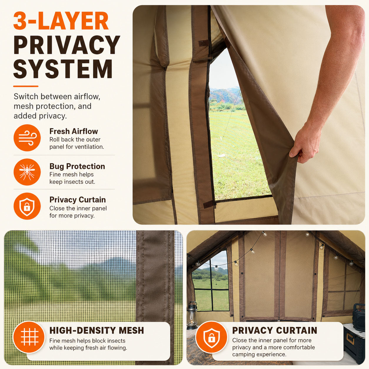 Senleeto green inflatable cabin tent 3-layer door with fresh airflow, high-density bug mesh and a privacy curtain.