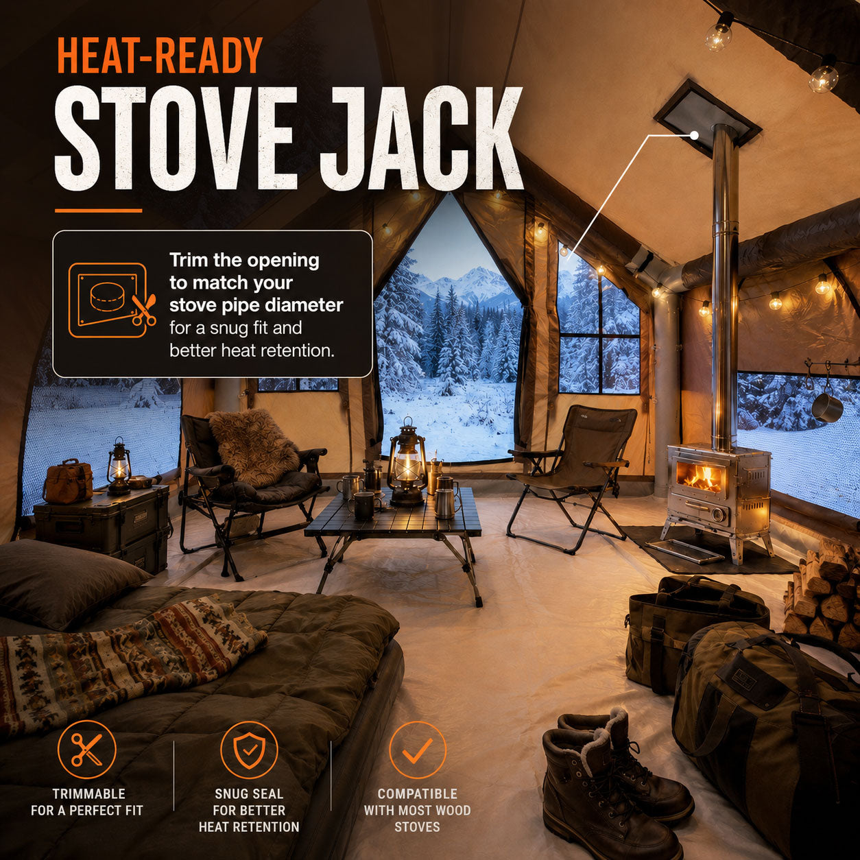 Senleeto green inflatable cabin tent with a heat-ready trimmable stove jack and a wood stove for winter camping.