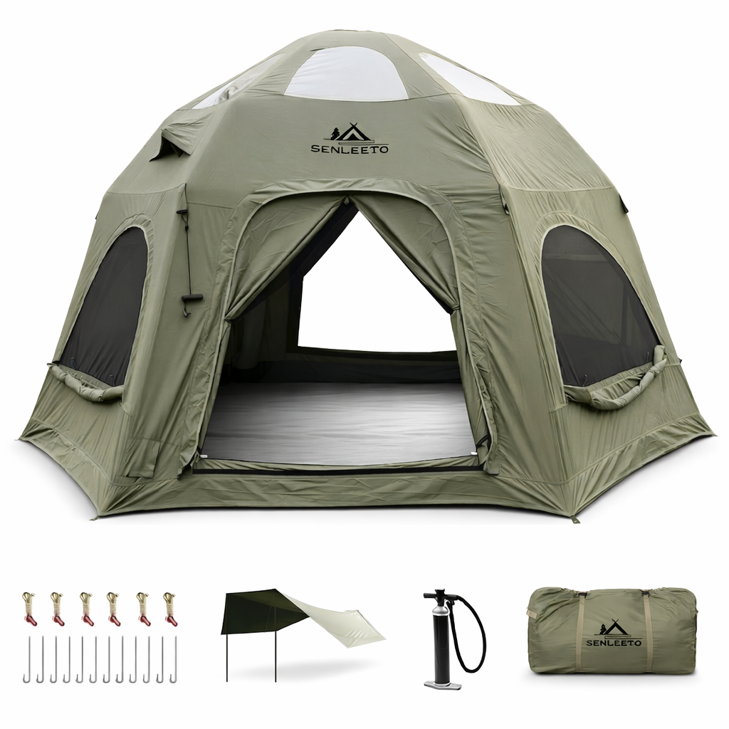 Senleeto 6-8 Person Inflatable Dome Tent, 15ft Hexagonal Base, Stove Jack, AC Port, 6 Skylights, Poly-Cotton (TC), Green
