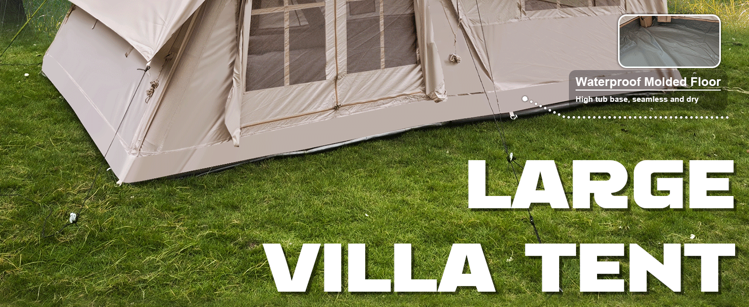 Senleeto Large Villa Tent: seamless waterproof molded tub floor with a high tub base for a dry and bug-free interior.