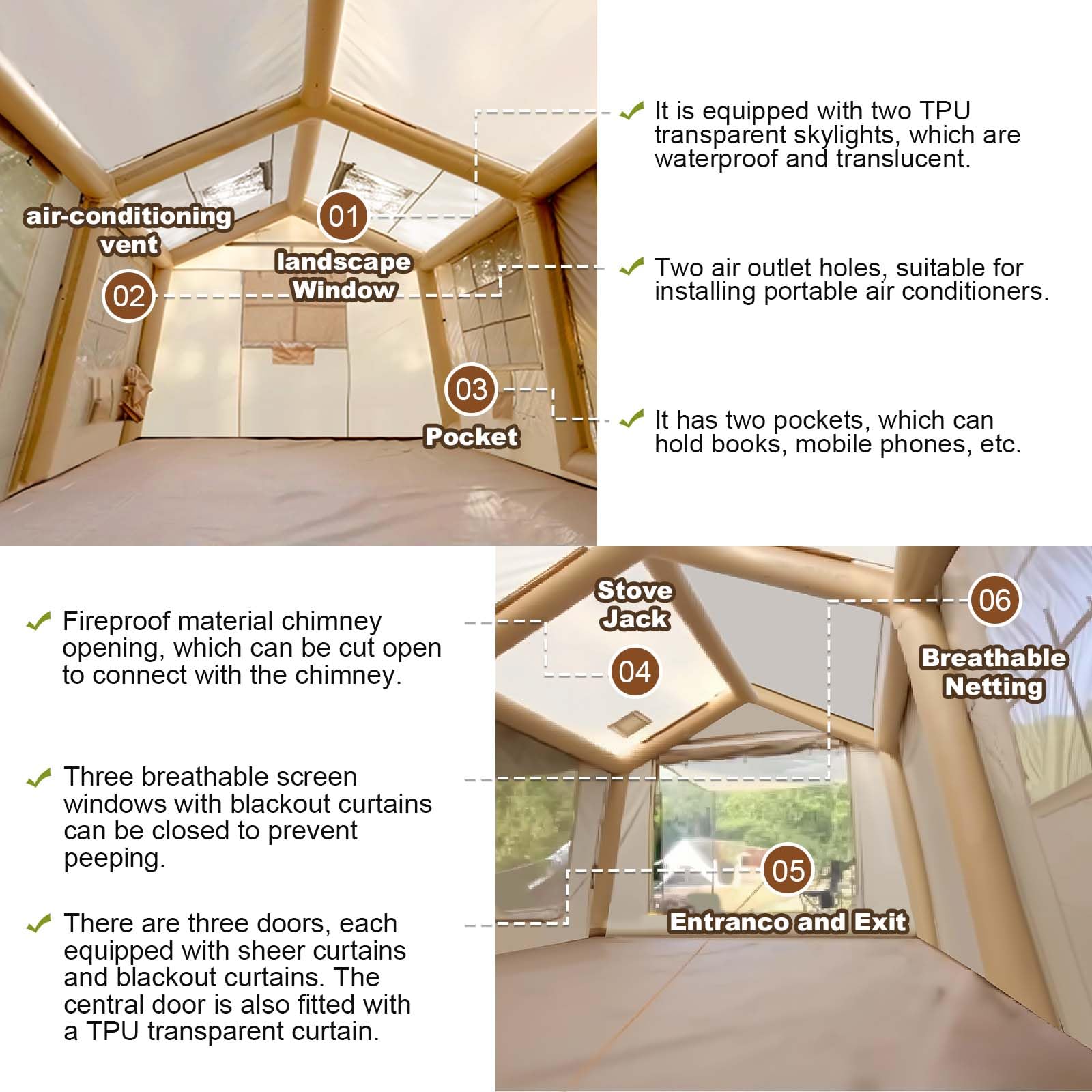 Dimensions and accessories for Senleeto 4-season inflatable air tent