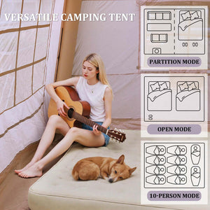 Spacious interior of large inflatable tent showing bedroom partition and living area