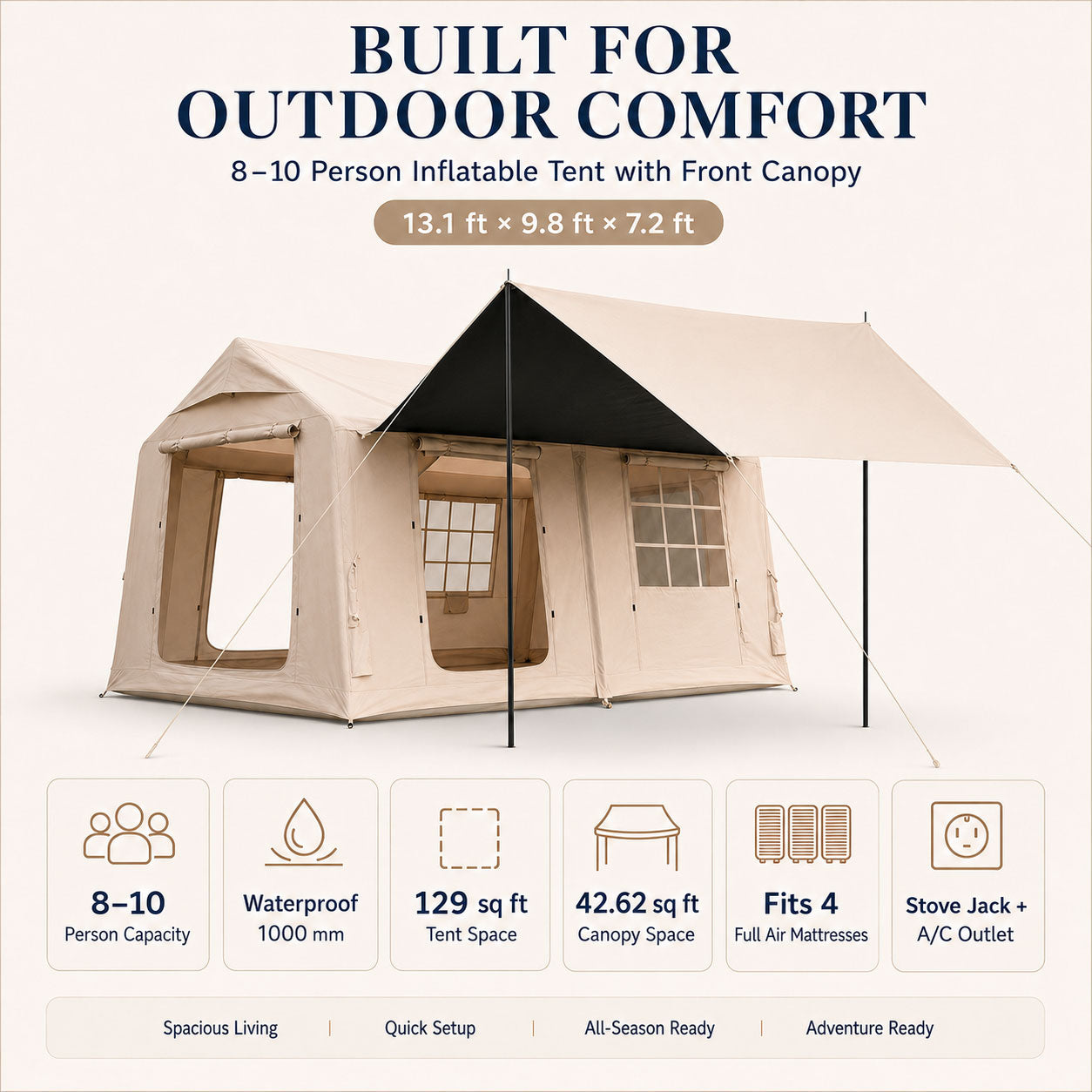 Senleeto tent features: waterproof, fits 8-10 people, A/C port, and stove jack.