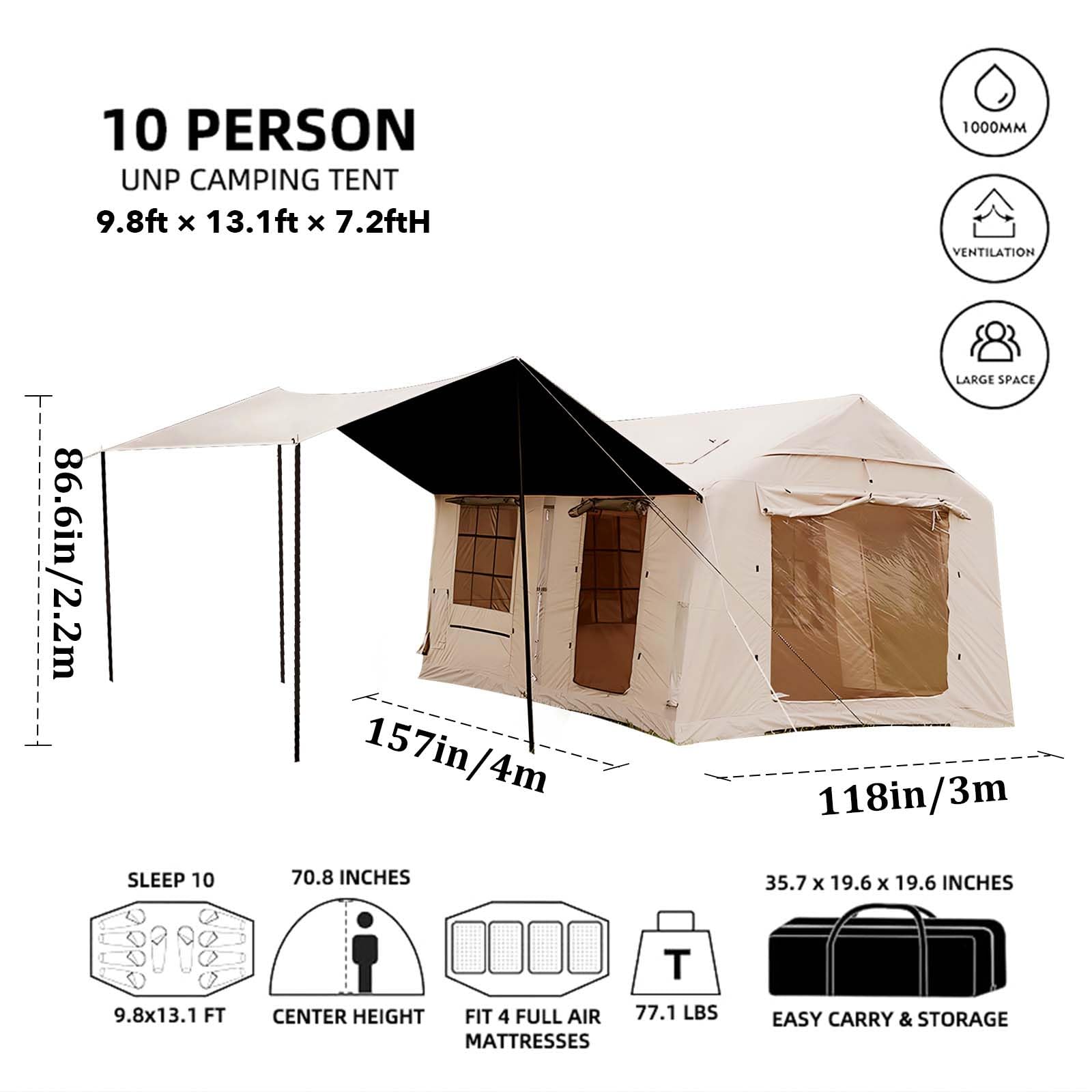 Senleeto 10-person inflatable tent dimensions: 157"x118", 86.6" tall. Easily fits 4 full air mattresses.