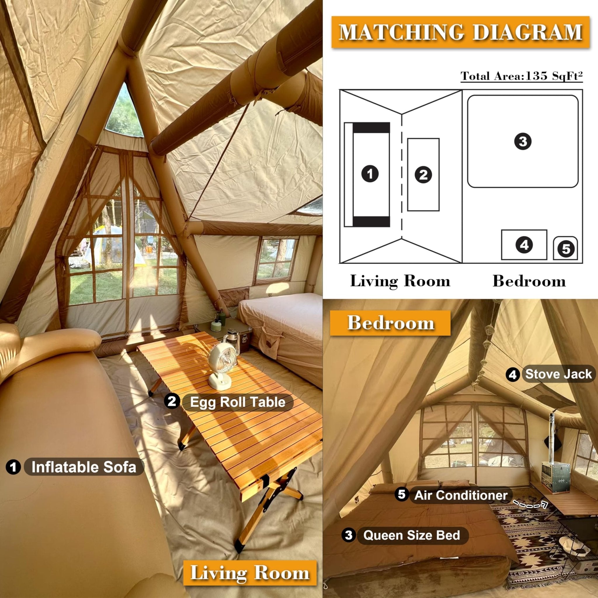 Senleeto inflatable tent interior layout. Shows separate living/bedroom areas with table, sofa, and queen bed.