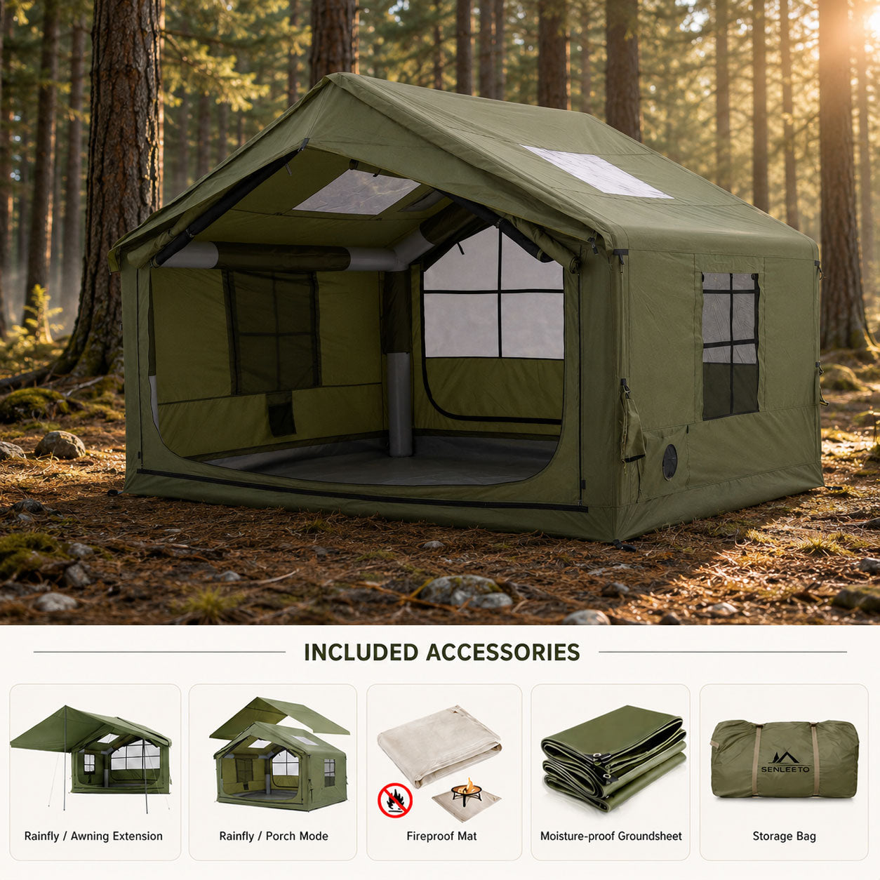 Inflatable Tactical Tent 4-6 Person with AC Port & Zippered Rainfly Awning - 420D Oxford 4 Season, Stove Jack, Green