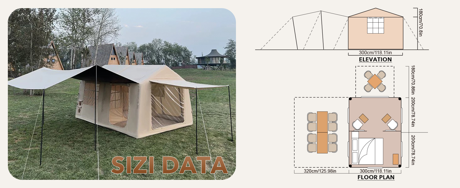 Detailed size data, elevation, and floor plan for the Senleeto large inflatable cabin tent.
