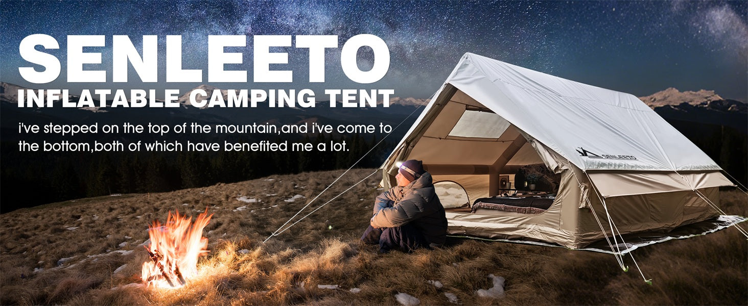 Senleeto inflatable camping tent set up outdoors at night under a starry sky, with a camper relaxing by a campfire.