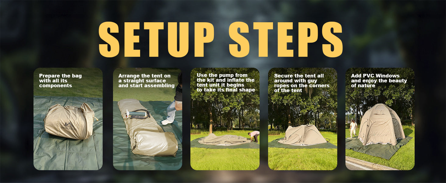 Senleeto inflatable tent quick setup guide showing spread, stake, inflate and guy out steps