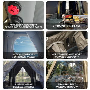 Dome tent hardware details: pressure relief valve, chimney stack, AC port, power cord port, and mesh screen windows.