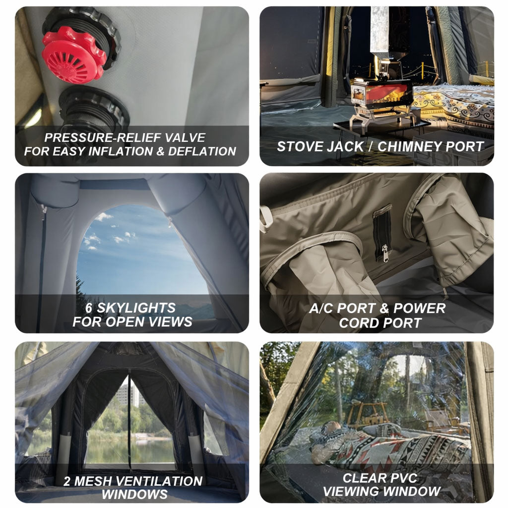Dome tent hardware details: pressure relief valve, chimney stack, AC port, power cord port, and mesh screen windows.