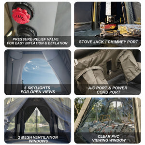 Dome tent hardware details: pressure relief valve, chimney stack, AC port, power cord port, and mesh screen windows.