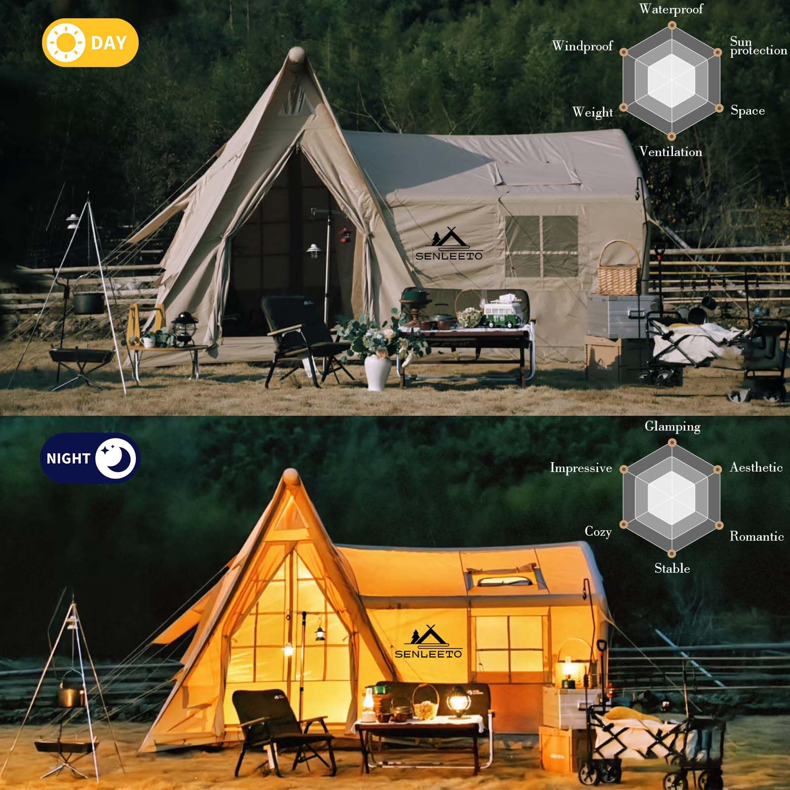 Senleeto inflatable cabin tent shown in daytime and beautifully lit at night in a natural campsite setting.