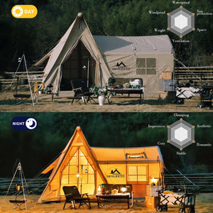 Senleeto inflatable cabin tent shown in daytime and beautifully lit at night in a natural campsite setting.