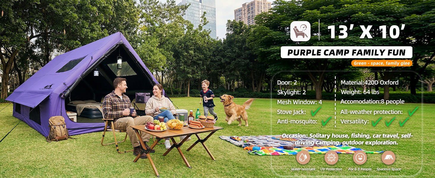 Family having a picnic in a park outside a purple 13x10 ft Senleeto 8-person inflatable glamping tent.