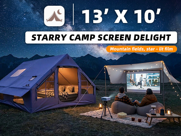 Inflatable glamping tent set up as an outdoor cinema under the stars.