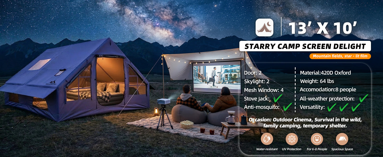 Couple enjoying an outdoor movie night under stars next to a large Senleeto 13x10 inflatable glamping tent.