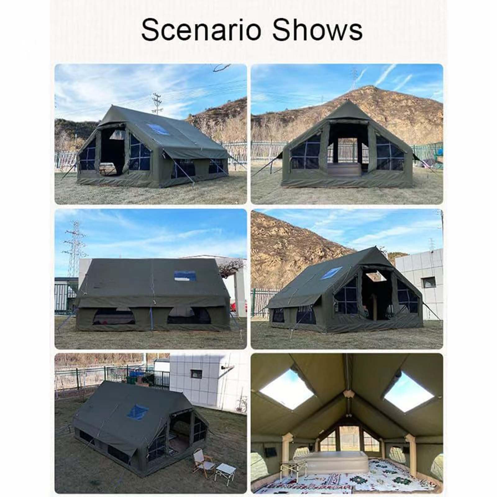 Real-life photos of Senleeto inflatable air tent showing wilderness exterior angles and spacious interior with mattress.