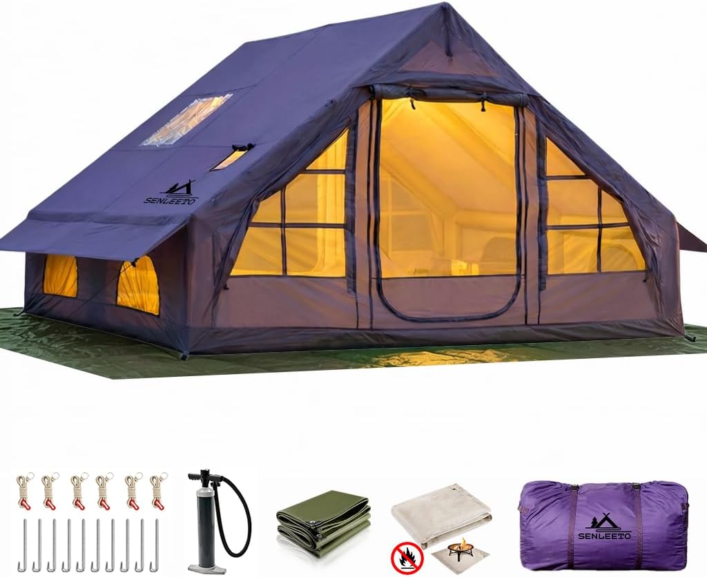 SENLEETO Luxury Inflatable Camping Tent, Large Waterproof Glamping House Tent with Air Pump and Accessories.