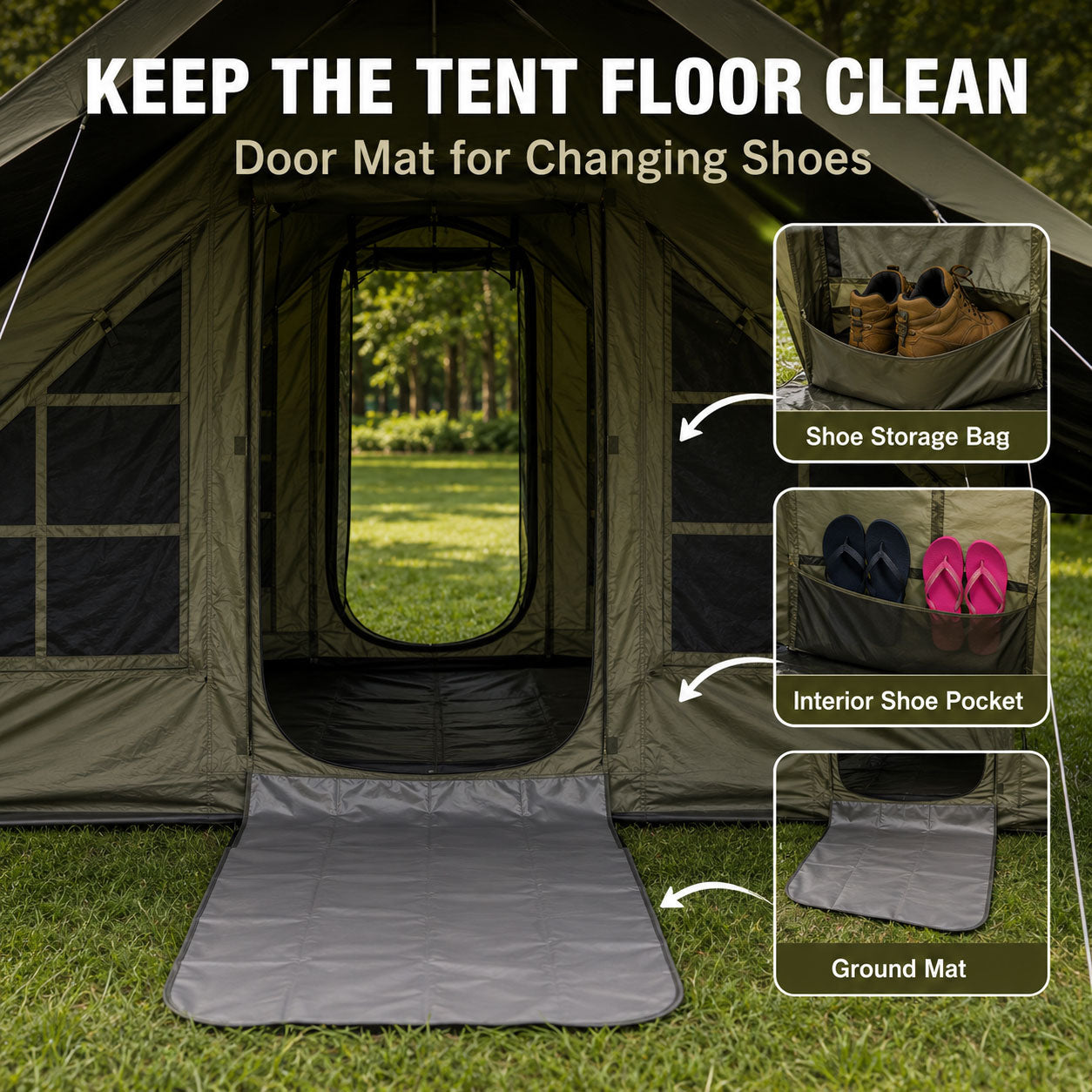 Senleeto inflatable lodge tent entrance with door mat, shoe storage bag, and interior shoe pocket to help keep the floor clean