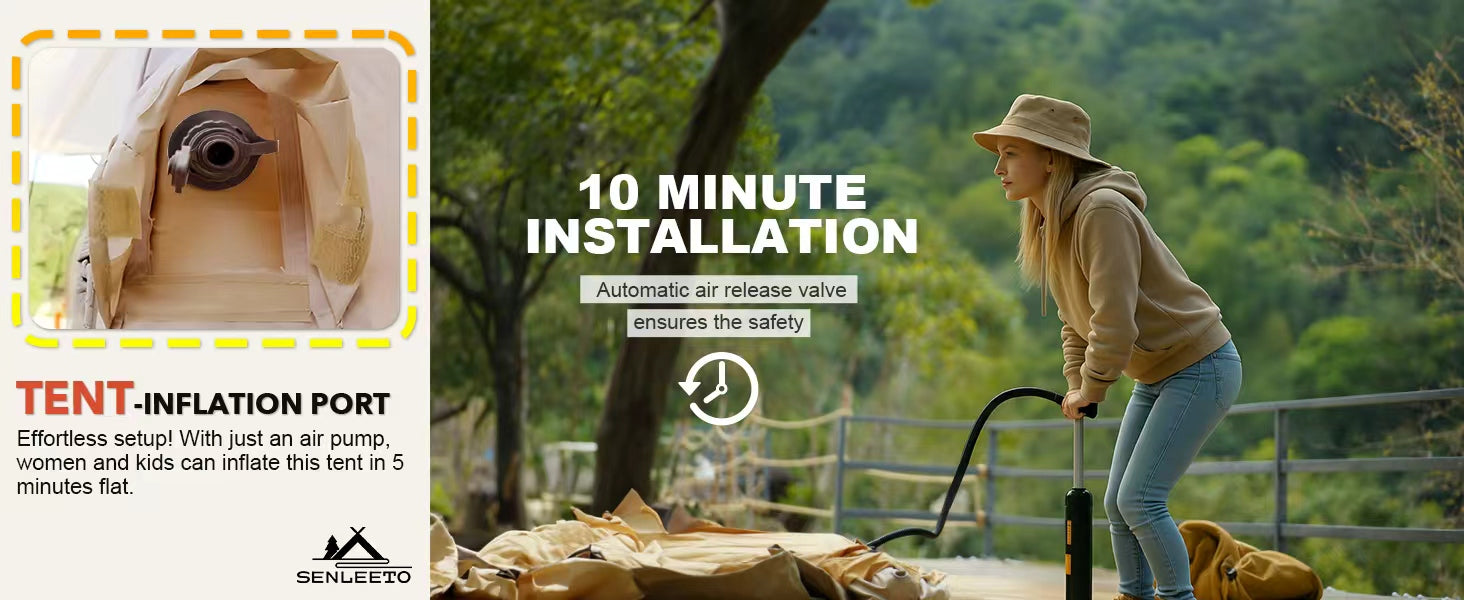 Senleeto inflatable tent 10-minute setup, showing a woman using a manual pump and the safety air release valve.