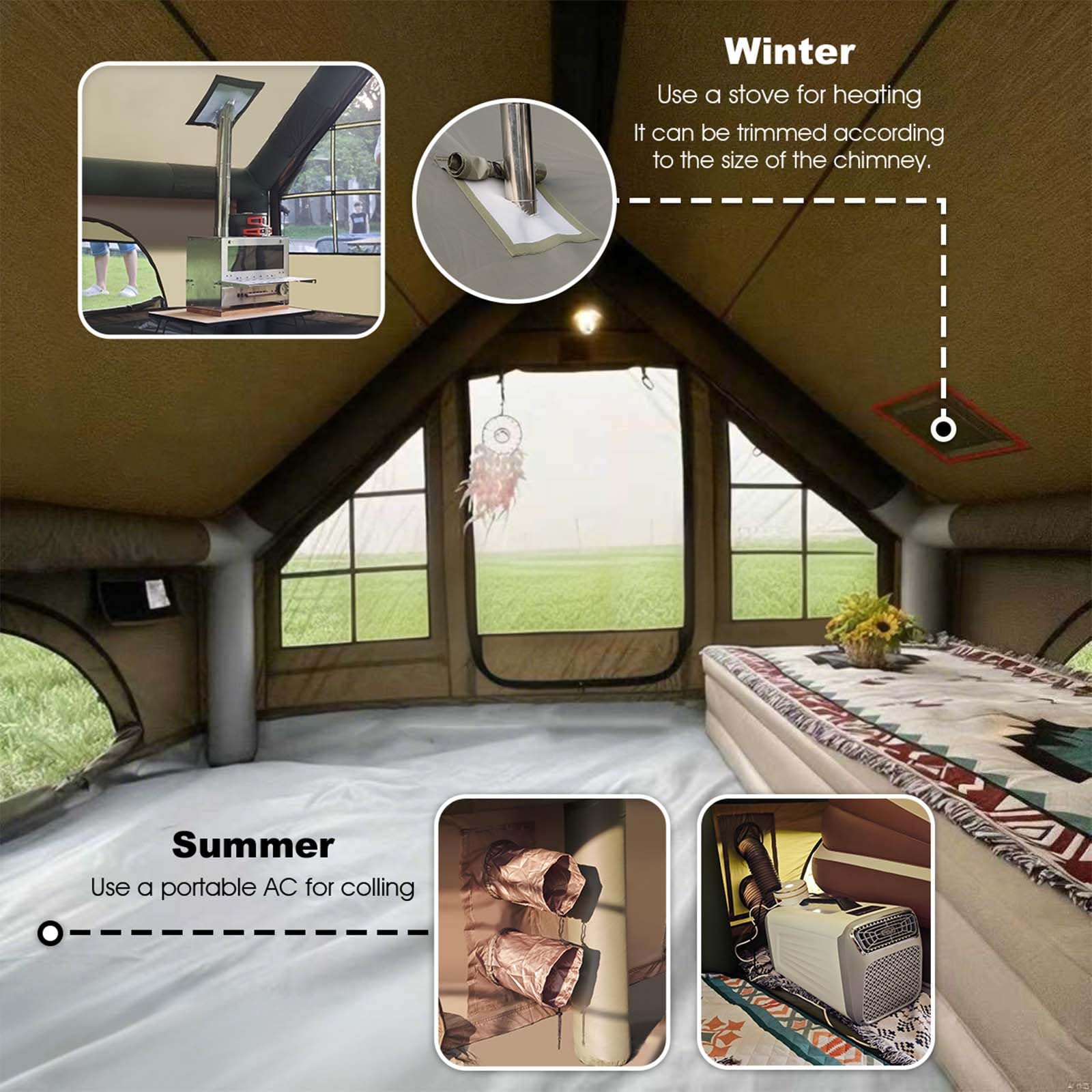 Senleeto 4-season inflatable tent interior, featuring a stove jack for winter and portable AC vent for summer cooling.