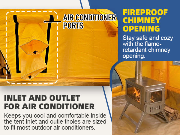 Close-up of Senleeto inflatable tent's AC inlet/outlet ports and flame-retardant stove jack for all-season camping.