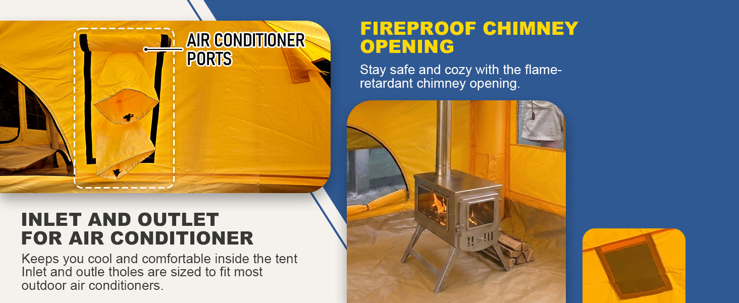 Senleeto inflatable tent details showing dual air conditioner ports and a fireproof chimney opening for a wood stove.