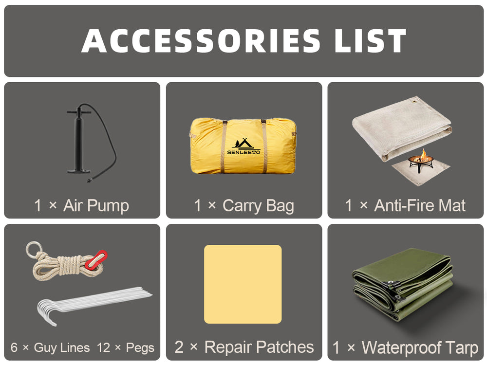 Senleeto inflatable tent accessories: air pump, carry bag, anti-fire mat, guy lines, pegs, repair patches, and tarp.