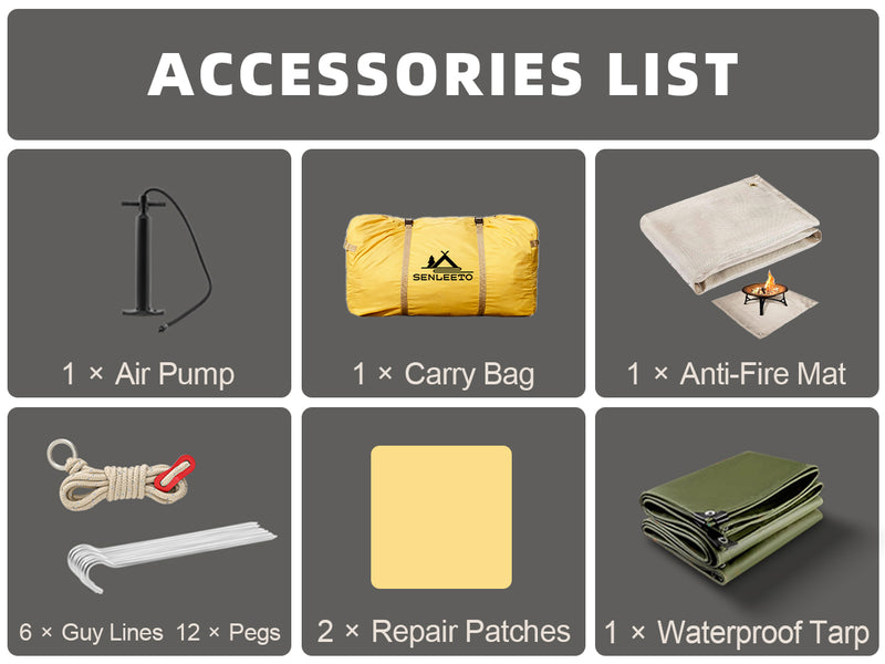 Senleeto inflatable tent accessories: air pump, carry bag, anti-fire mat, guy lines, pegs, repair patches, and tarp.